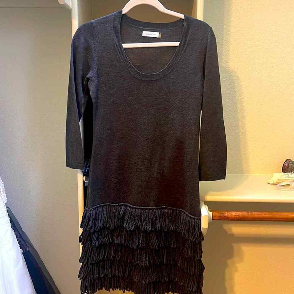 Calvin Klein Sweater Dress Womens S Charcoal Gray Fringe Hem Long Sleeve Knit